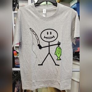 Gray T-Shirt with Fishing Stick Figure Small